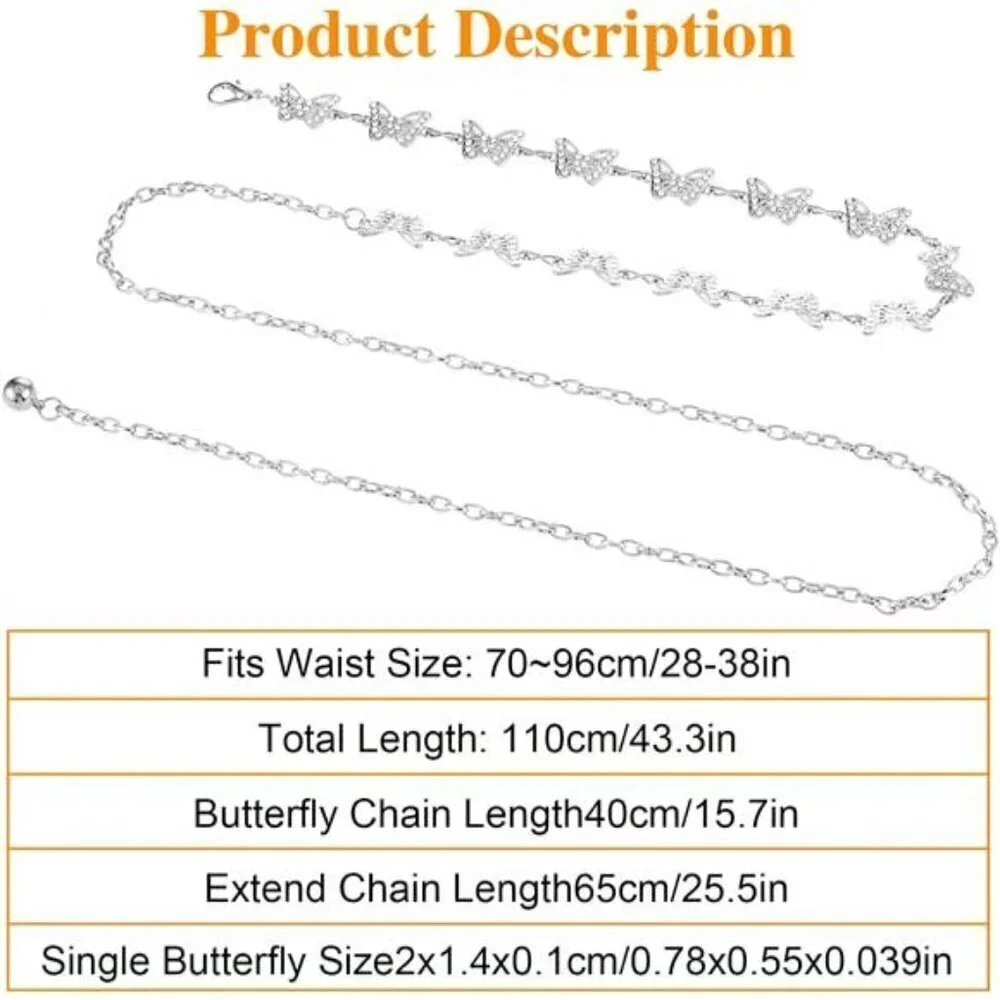 Silver Women Butterfly Waist Chain Belt Metal RhinestonesWaist Belts Women Dress